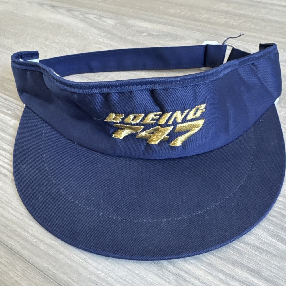 Vintage Boeing 747 Airplane Visor Hat Embroidered Logo Navy Blue‎ With Gold